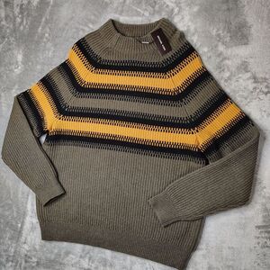 Michael Kors Mock-Neck Striped Ribbed‎ Knit Sweater Men's 2XL Olive Chunky Wool